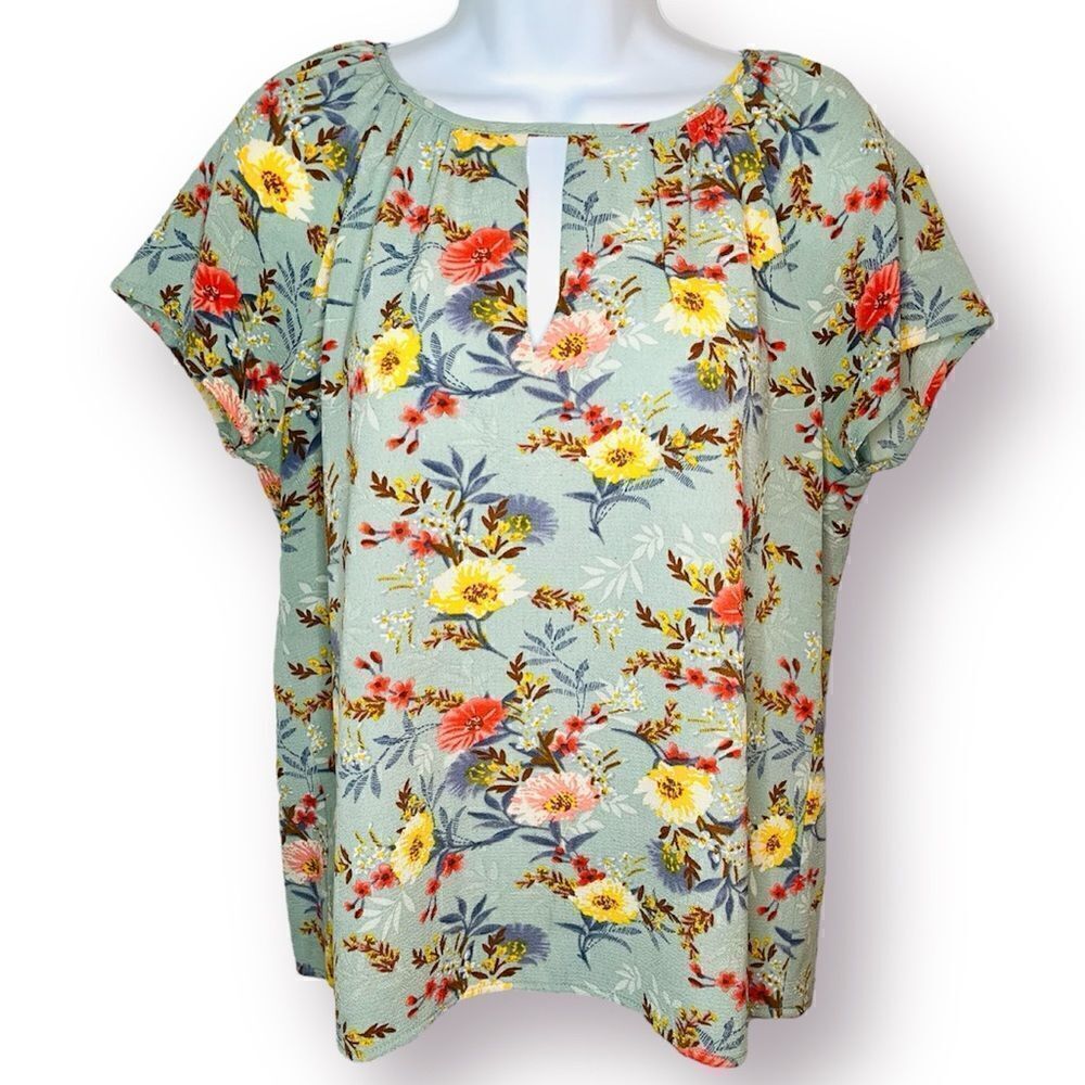 Fun2Fun Floral Flutter Sleeve Cutout Back Blouse Muted Green Multicolor M - Picture 3 of 12
